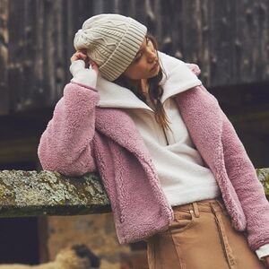 NWT Free People Joplin Cozy Jacket Smoked Pink Faux Fur Slouchy Relaxed Collar
